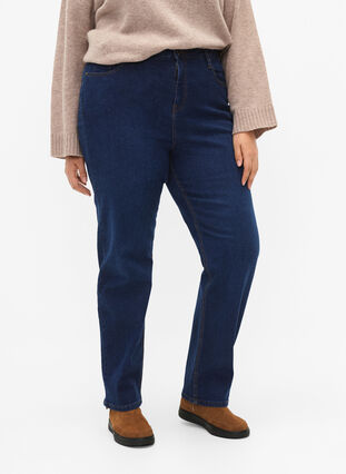 Megan jeans met normale pasvorm en extra hoge taille, Dark blue, Model image number 2