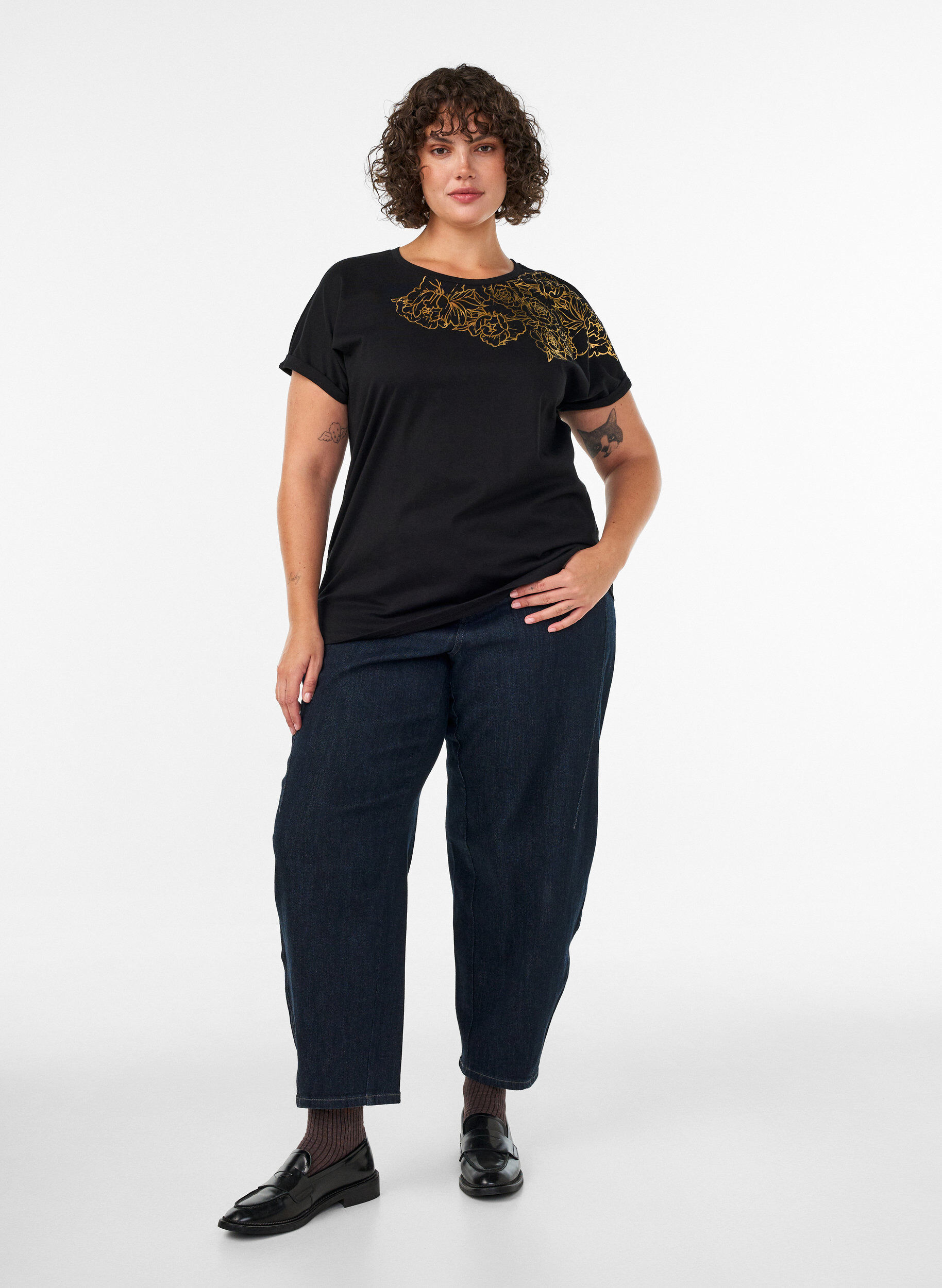 ZizziKatoenen T-shirt met bloemenprint, Zwart, Model image number 1