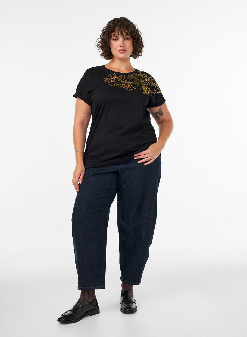 Katoenen T-shirt met bloemenprint, Zwart, Model image number 1