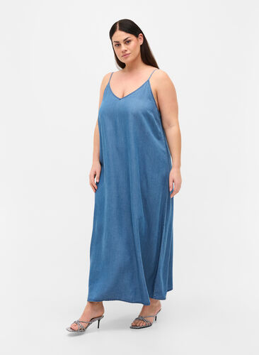 Lange denim jurk met dunne bandjes, Dark blue denim, Model image number 0