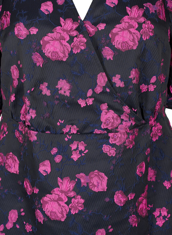 Korte jacquard wikkeljurk, Black w. Red Rose, Packshot image number 2
