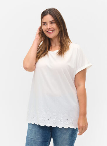 T-shirt met korte mouwen en borduursel anglaise, Off White Mel, Model image number 0
