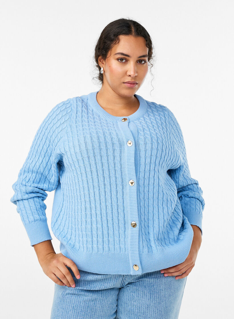 Kabelgebreid vest met gouden knopen, Blauw, Model image number 0