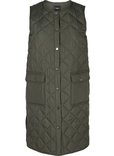 Lang gewatteerd vest met knoopsluiting en zakken, Forest Night, Packshot image number 0
