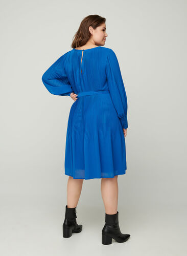 Plissé jurk met lange mouwen en striksluiting, Classic Blue , Model image number 1