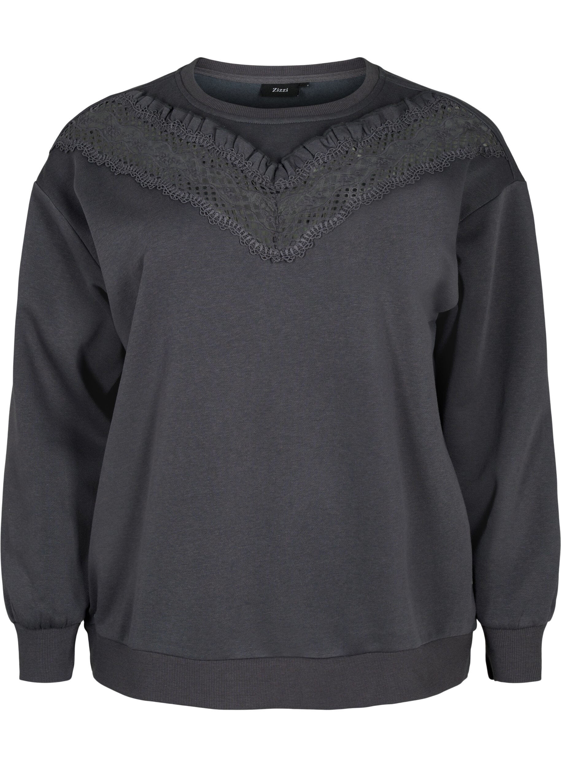 Zizzi Sweatshirt met ruches en gehaakt detail, Dark Grey, Packshot image number 0