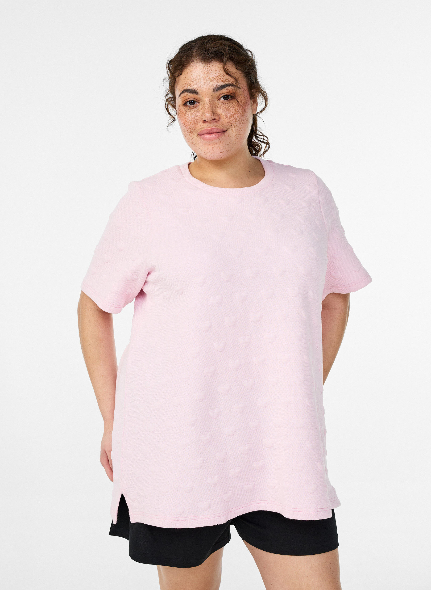 Zizzi T-shirt van embossen katoenen jersey, Roze, Model image number 0