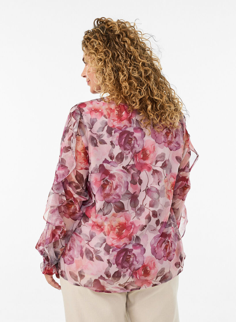 Blouse met bloemenprint, V-hals en ruches mouwen, Roze, Model