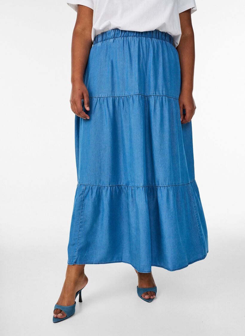 Denim maxi rok met ruches, Blauw, Model