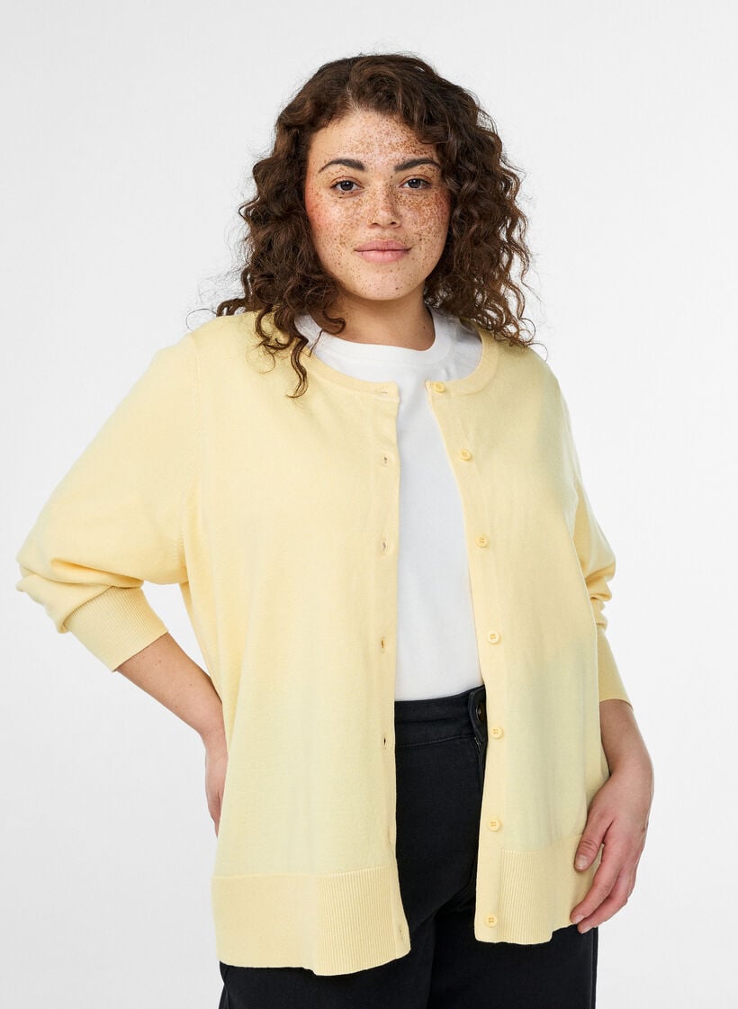 Fijngebreide vest met ronde hals, Geel, Model image number 0