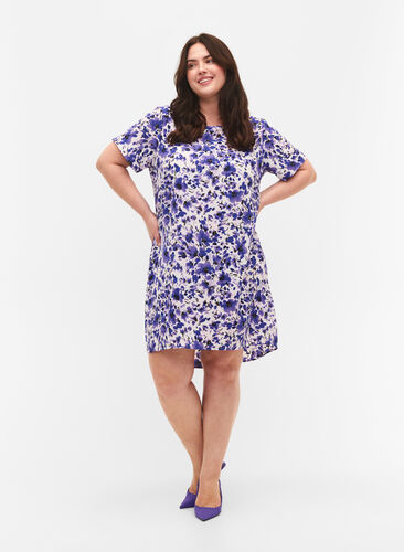 Bedrukte jurk met korte mouwen, Purple Small Flower, Model image number 2