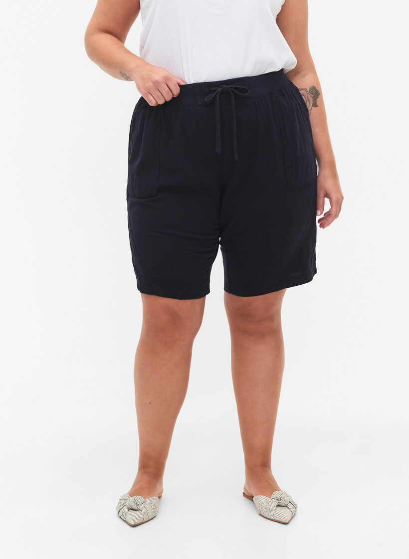 Losse katoenen short met zakken, Blauw, Model image number 4