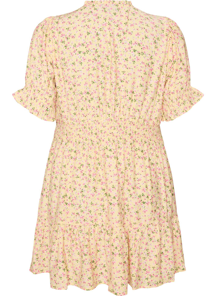 Korte viscose jurk met ruchesdetails, Geel, Packshot image number 1
