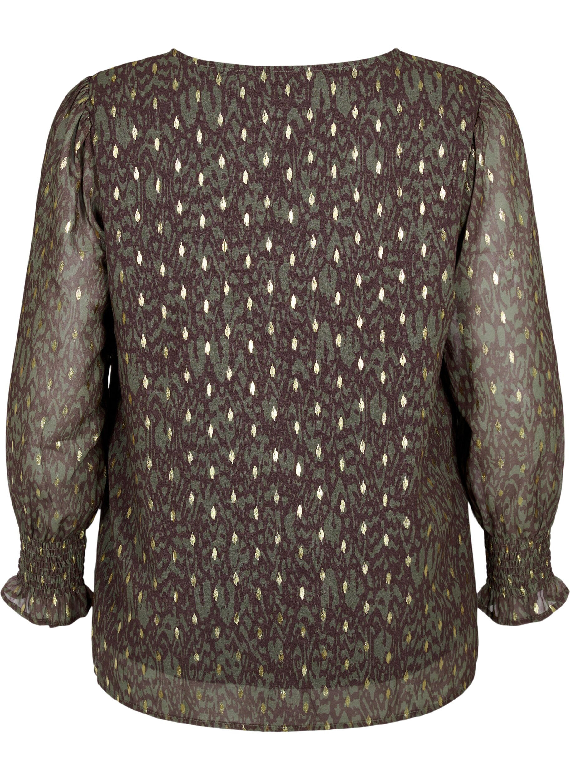 Zizzi Blouse met print en lange mouwen, Green Ethnic AOP, Packshot image number 1