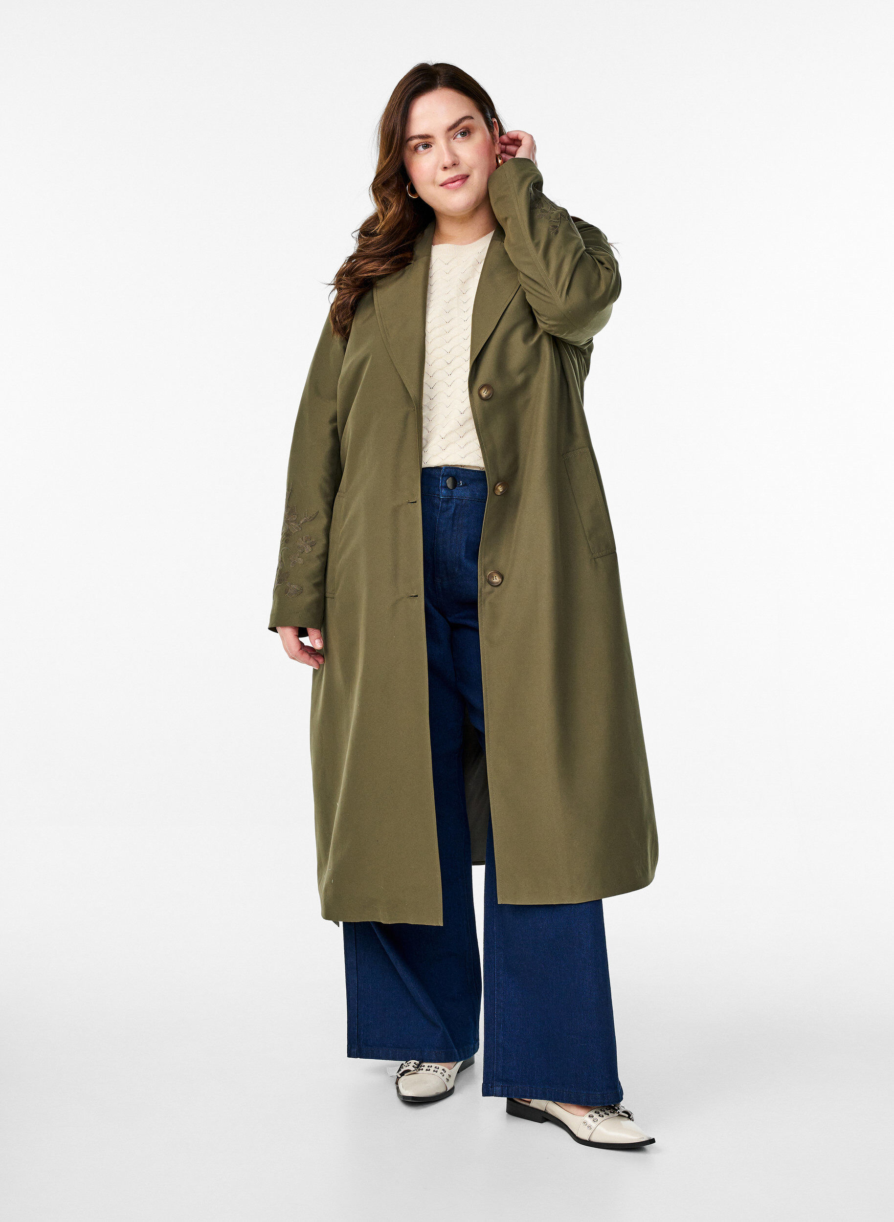 Zizzi Lange trenchcoat met borduursels, Groen, Model image number 0