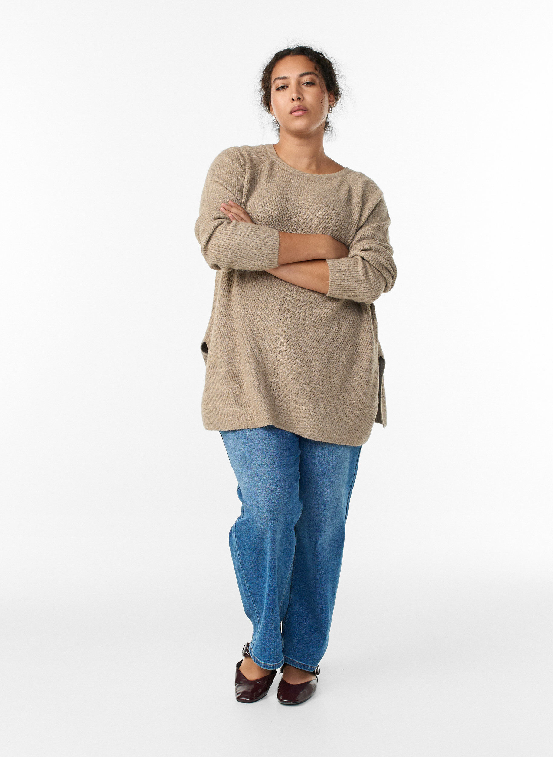 Zizzi Gebreide trui met diagonale structuur en raglanmouwen, Beige, Model image number 1