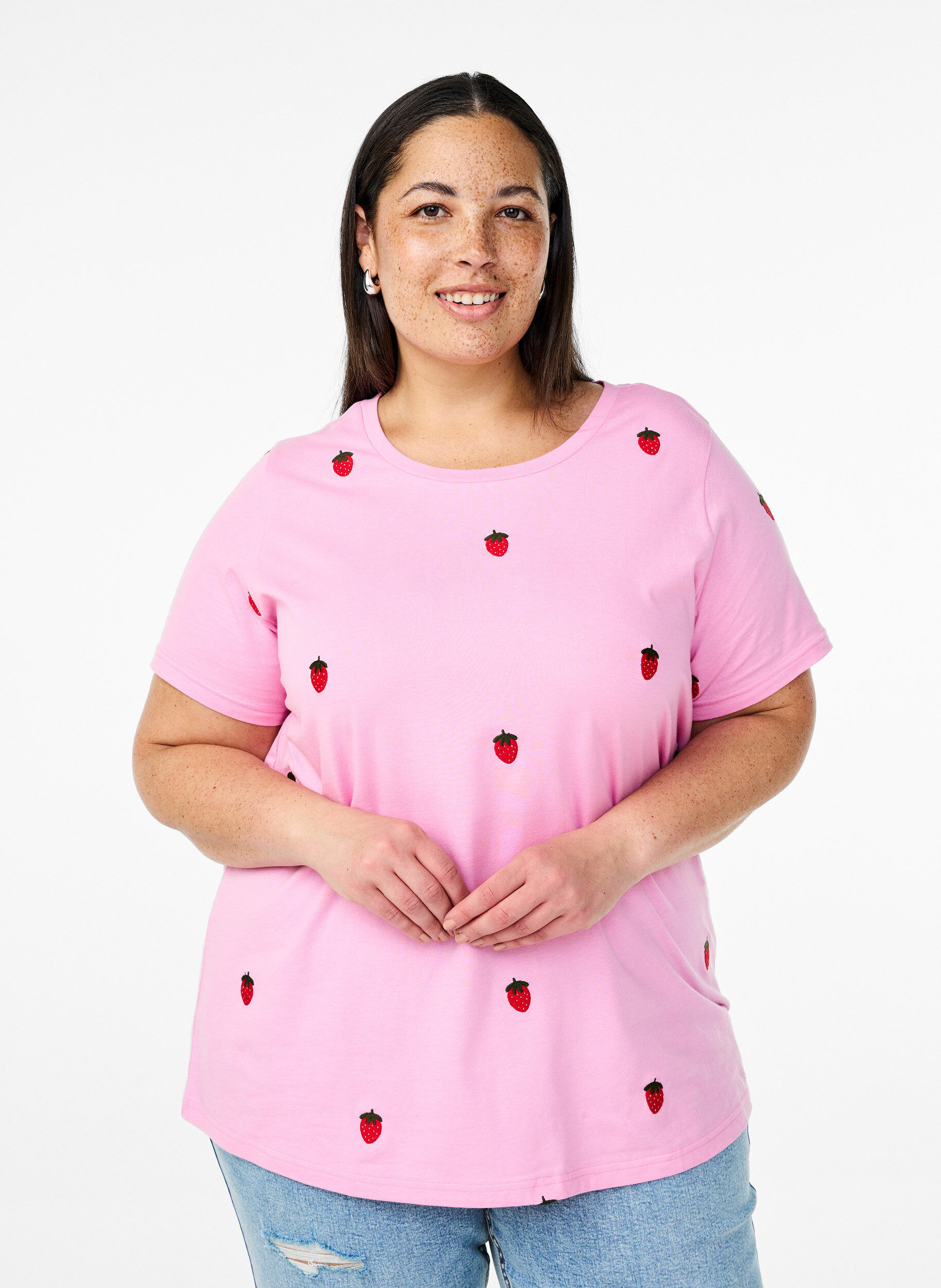 Zizzi T-shirt in biologisch katoen met geborduurde motieven, Roze, Model image number 0