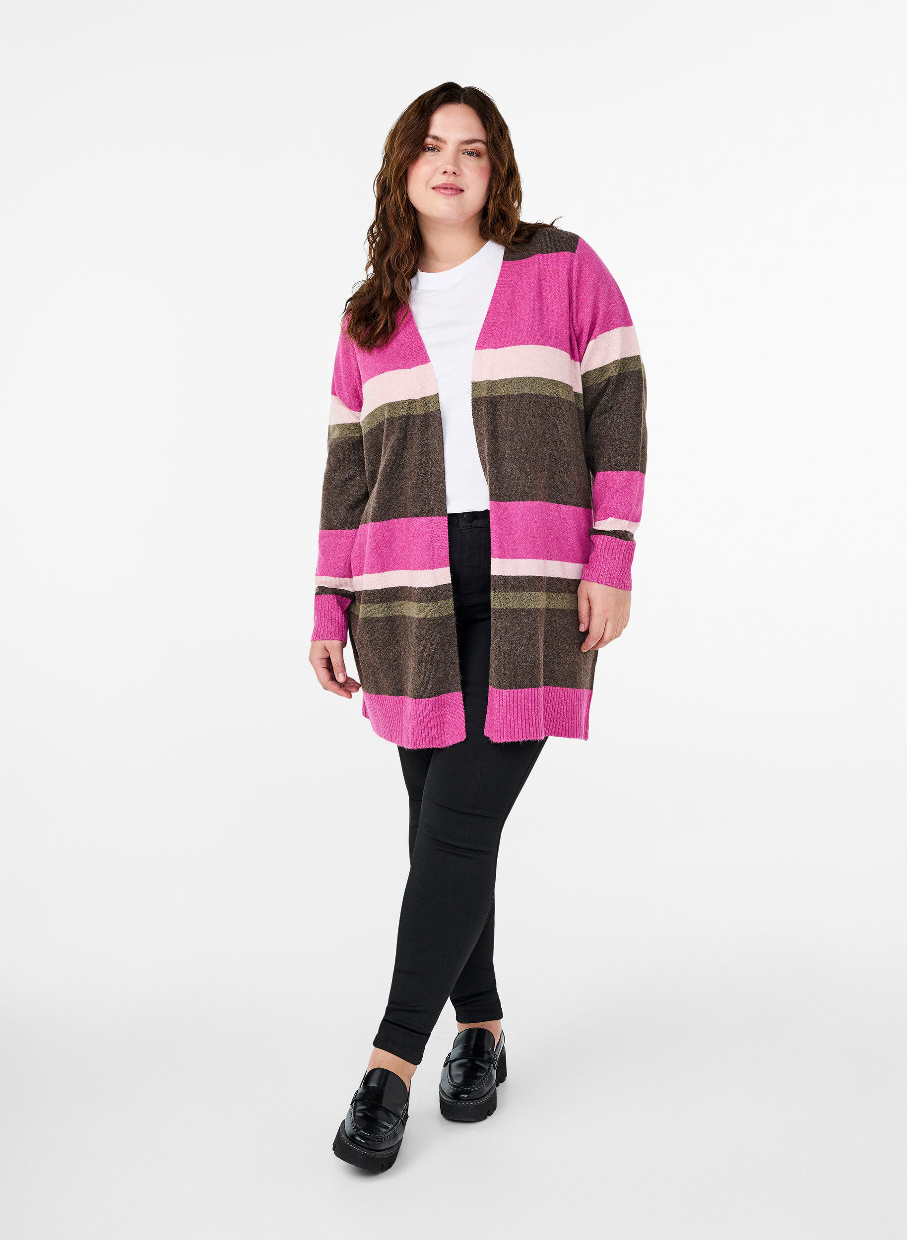 Zizzi Lang gebreid vest met brede strepen, Roze, Model image number 1