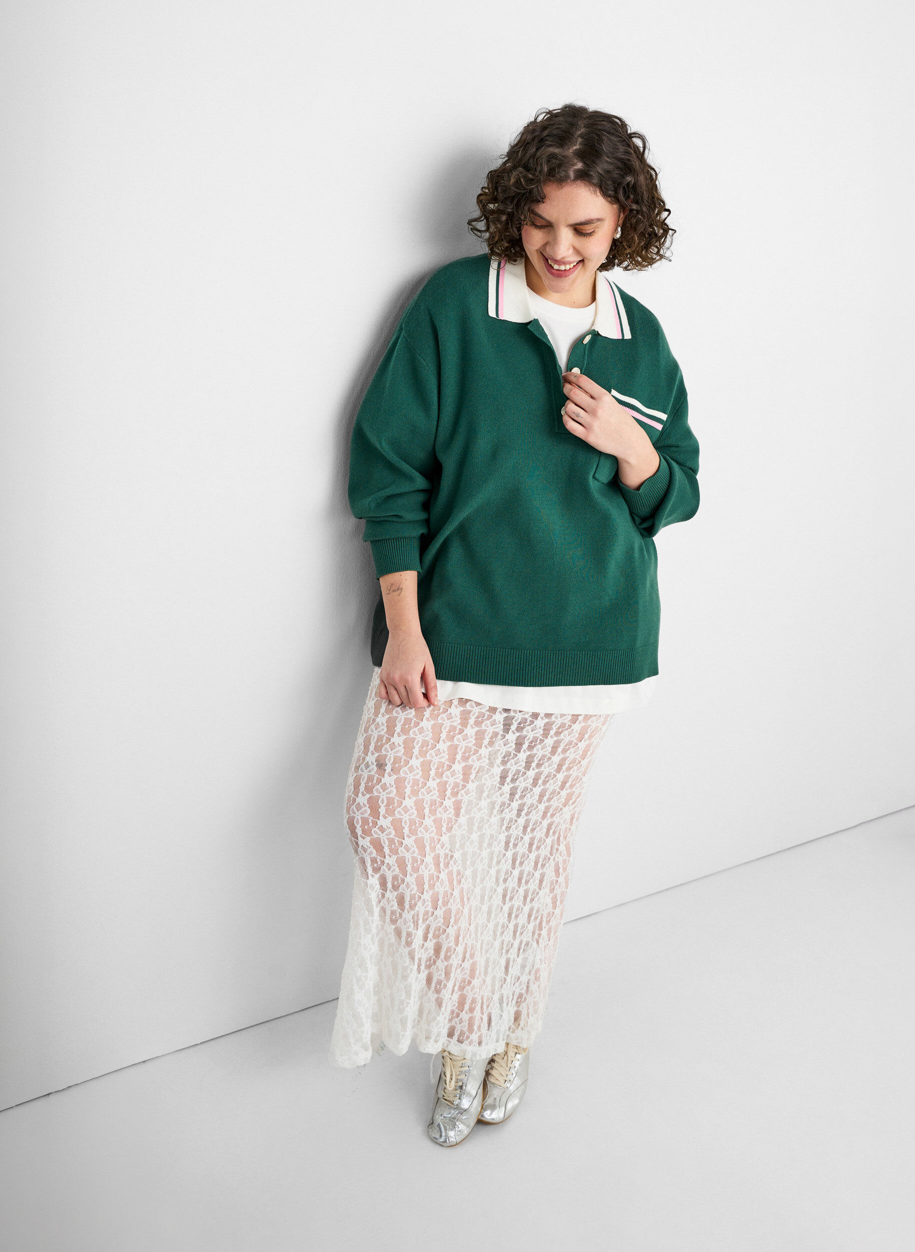 Zizzi Lange doorschijnende kanten rok, Wit, Image image number 1