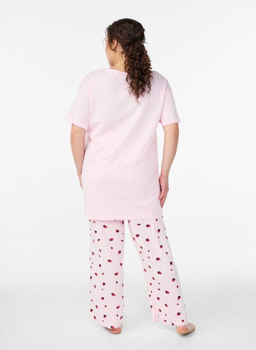 Pyjamabroek in zachte jersey met hoge taille en fruitprint, Roze, Model image number 1