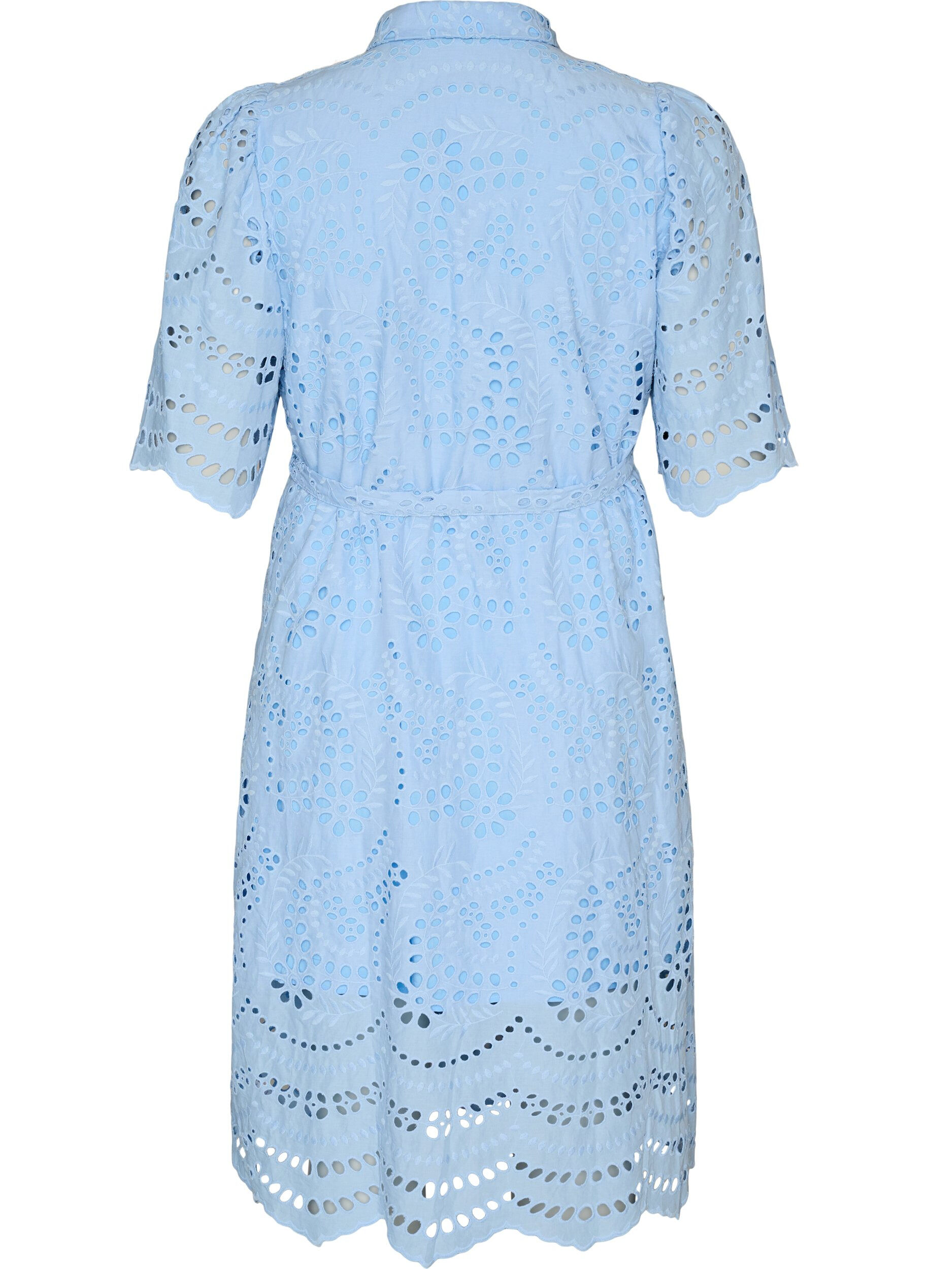 Zizzi Blousejurk in broderie anglaise met strikceintuur, Blauw, Packshot image number 1