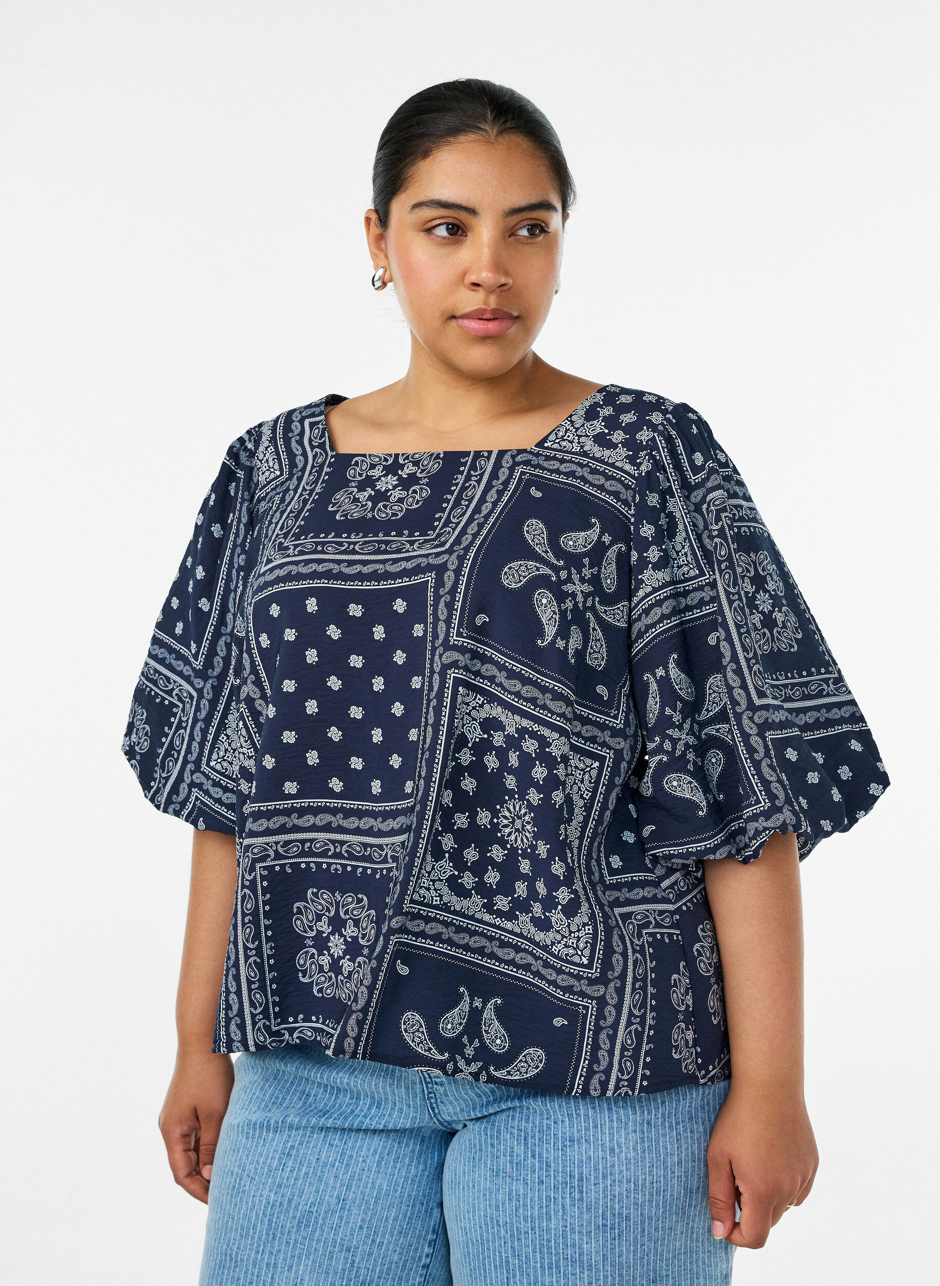 ZizziViscose blouse met paisleymotief en ballonnenmouwen, Blauw, Model image number 0