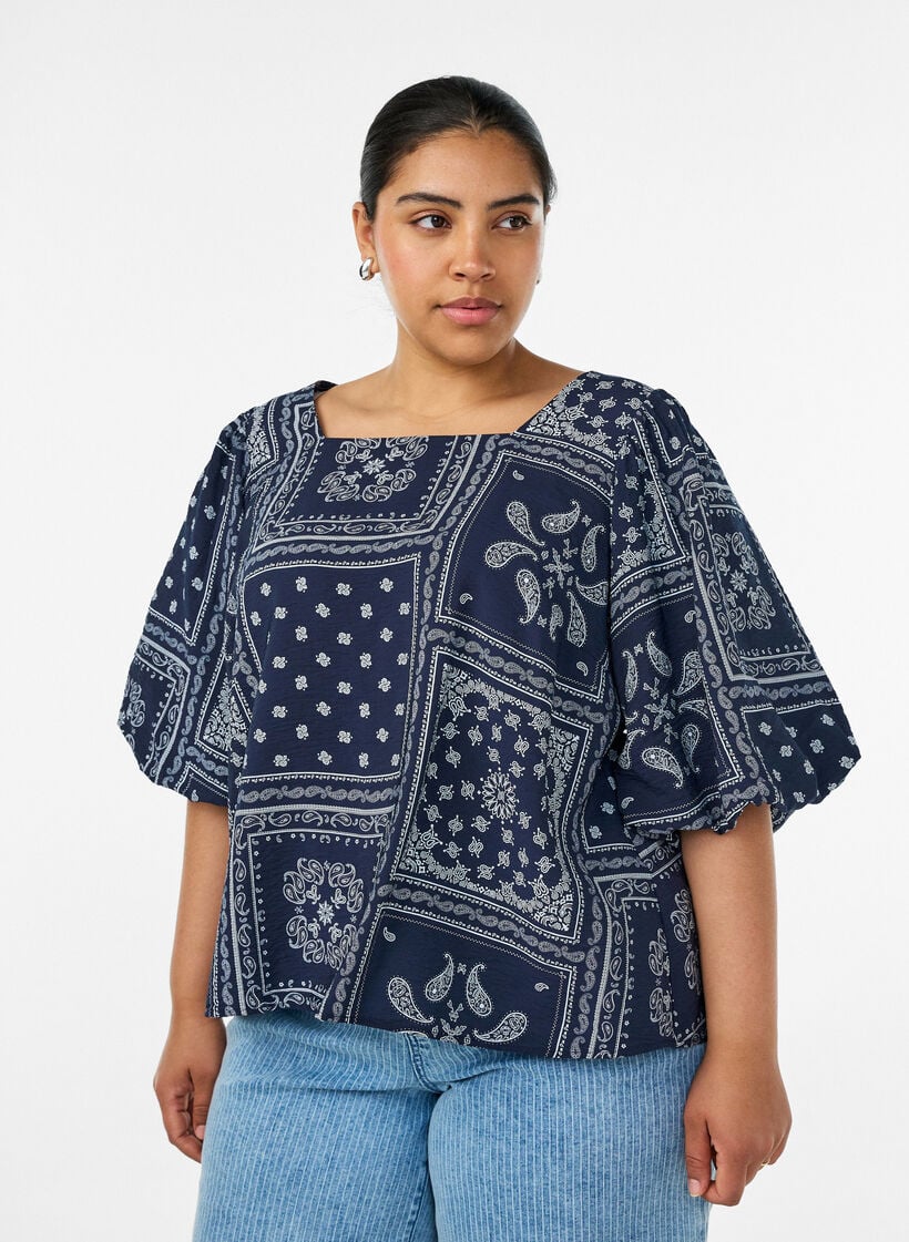 Viscose blouse met paisleymotief en ballonnenmouwen, Blauw, Model image number 0