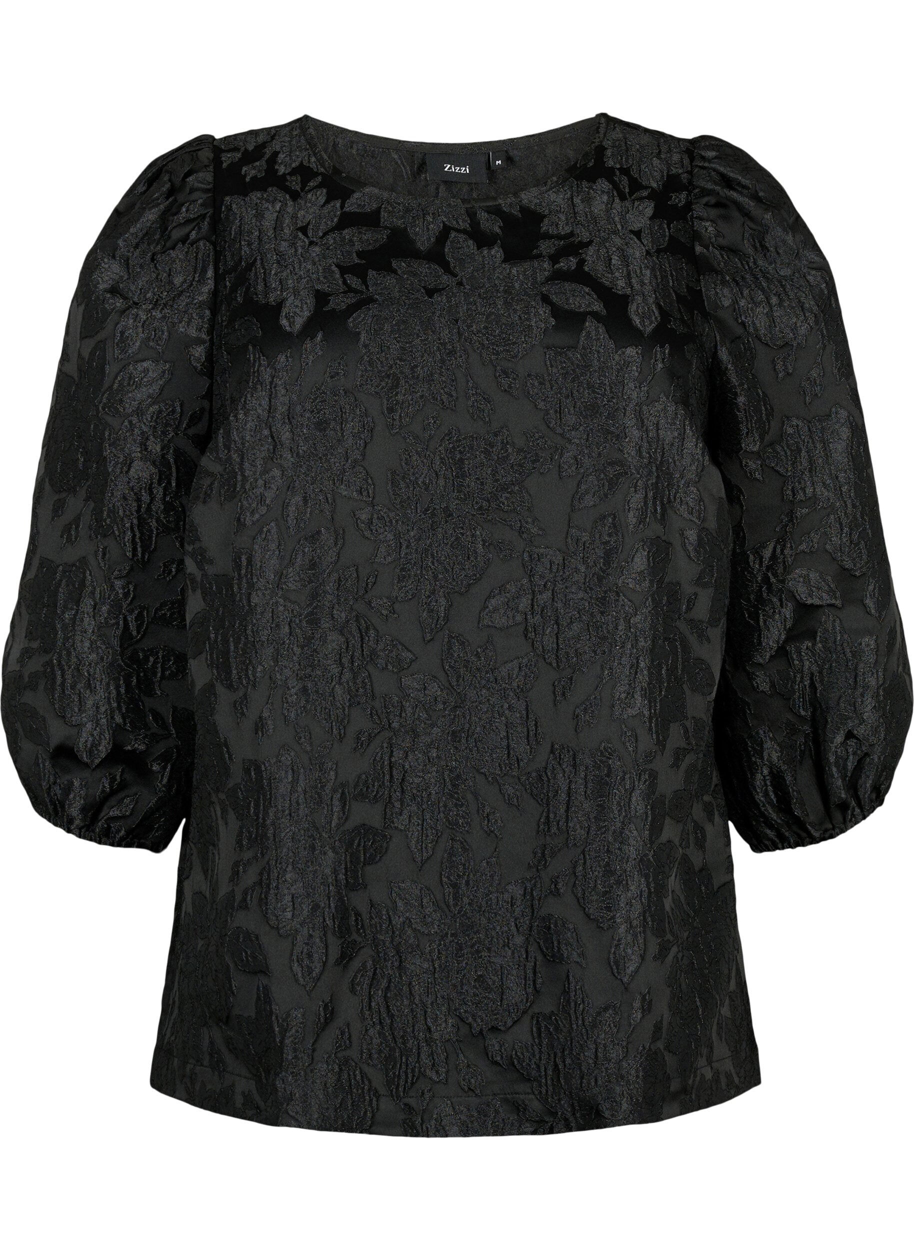 Zizzi Jacquard blouse met 3/4 mouwen, Black, Packshot image number 0