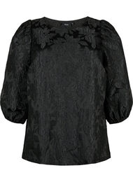 Jacquard blouse met 3/4 mouwen, Black