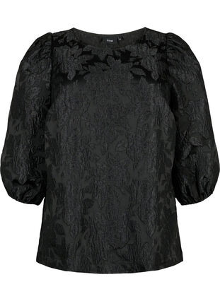 Jacquard blouse met 3/4 mouwen, Black, Packshot image number 0