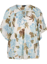 Bedrukte blouse met strikkoord en korte mouwen, Cloud Dancer Flower 