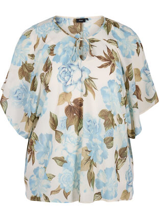 Bedrukte blouse met strikkoord en korte mouwen, Cloud Dancer Flower , Packshot image number 0