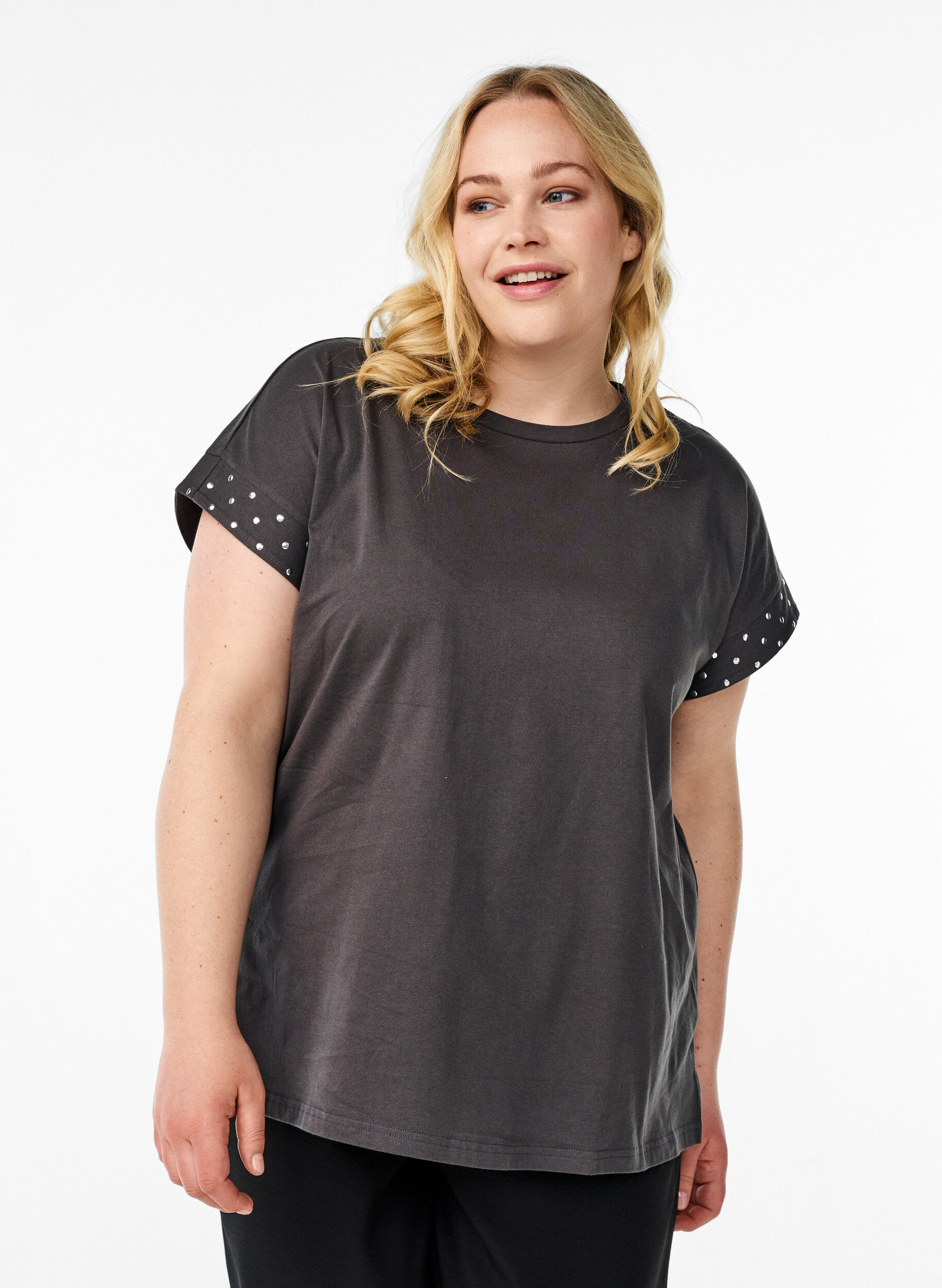 Zizzi T-shirt van biologisch katoen met studs, Grijs, Model image number 0