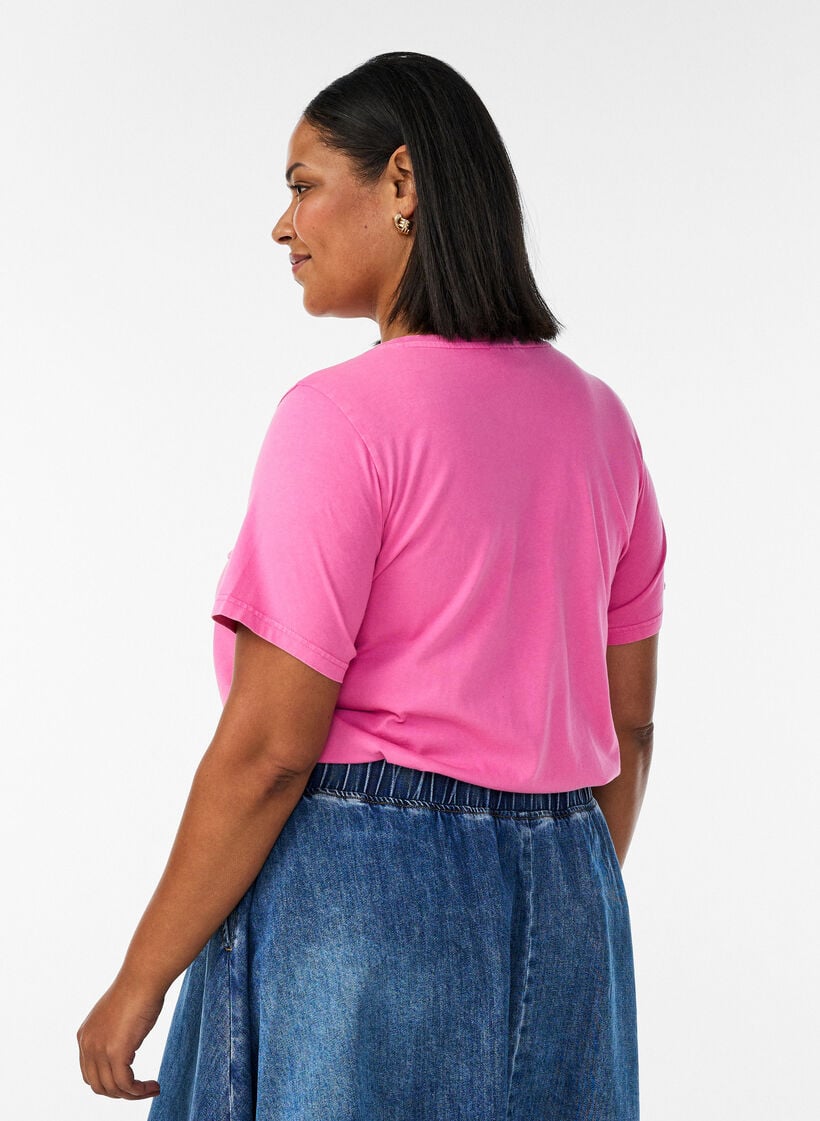 Biologisch katoenen T-shirt met varsity print en V-hals, Roze, Model image number 2