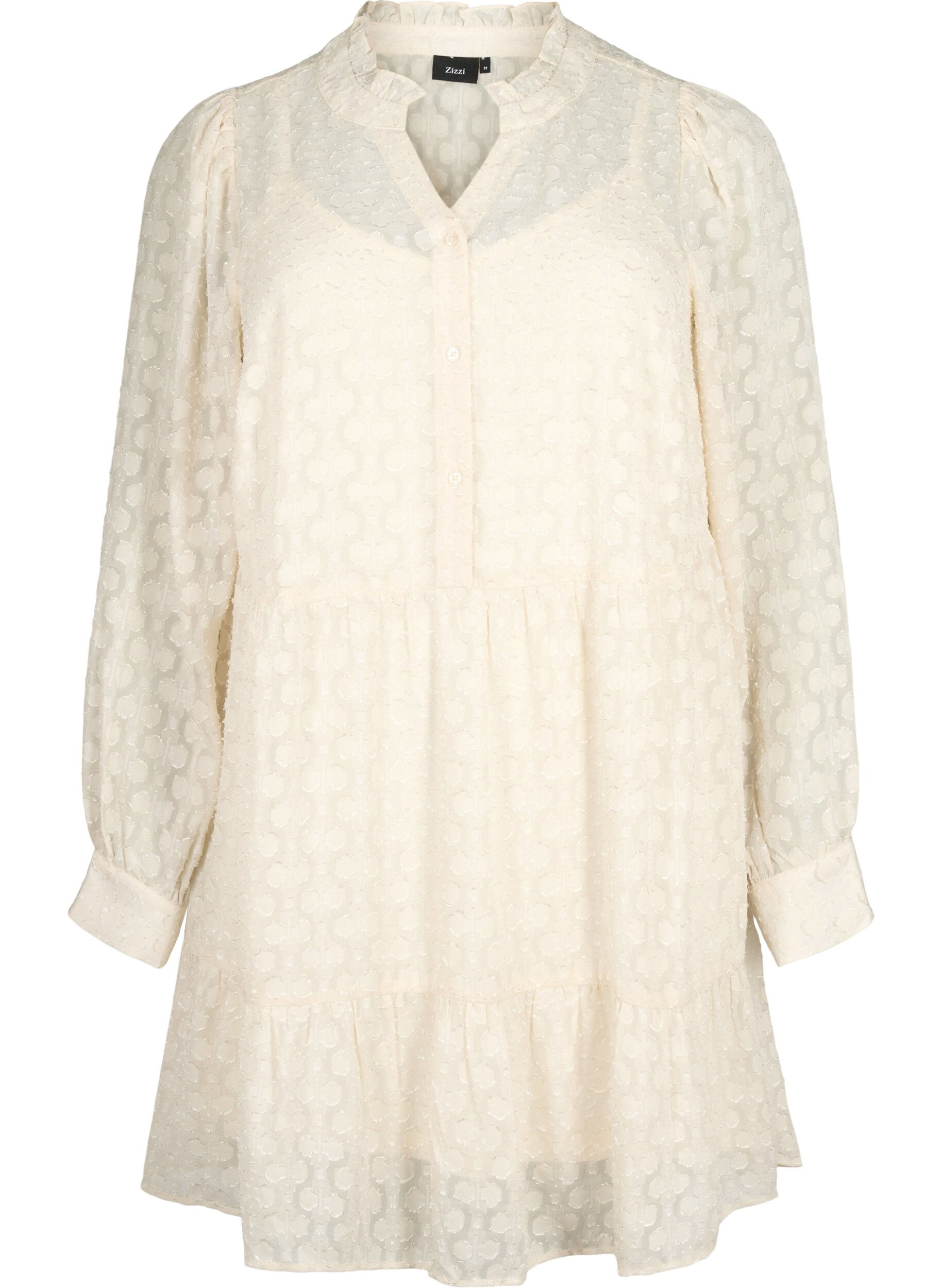 Zizzi Jacquard jurk met ruche kraag, Birch, Packshot image number 0