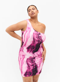 Nauwsluitende one-shoulder jurk met print, Raspberry Rose AOP, Model