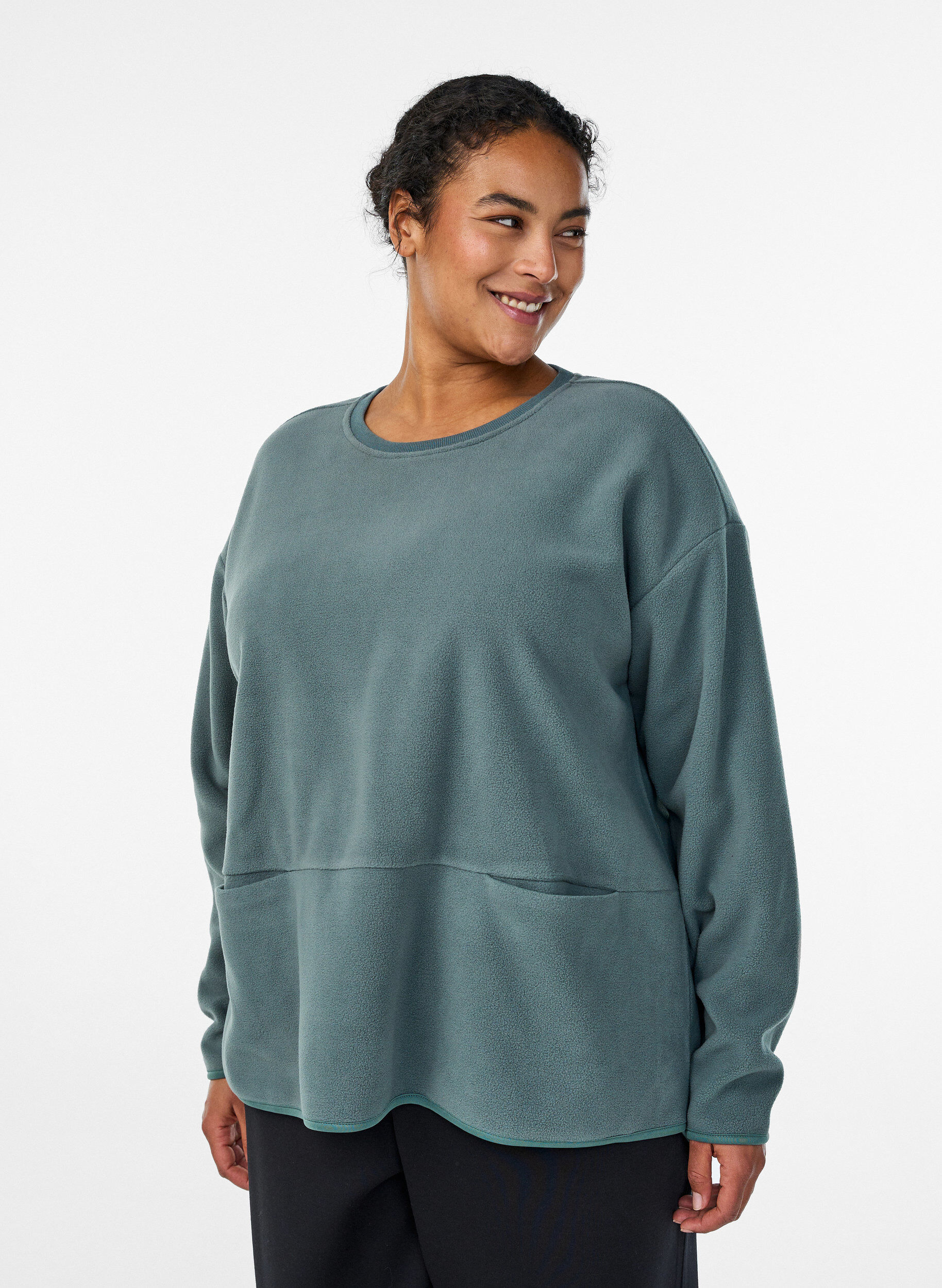 Losse fleece blouse met zakken, Groen, Model
