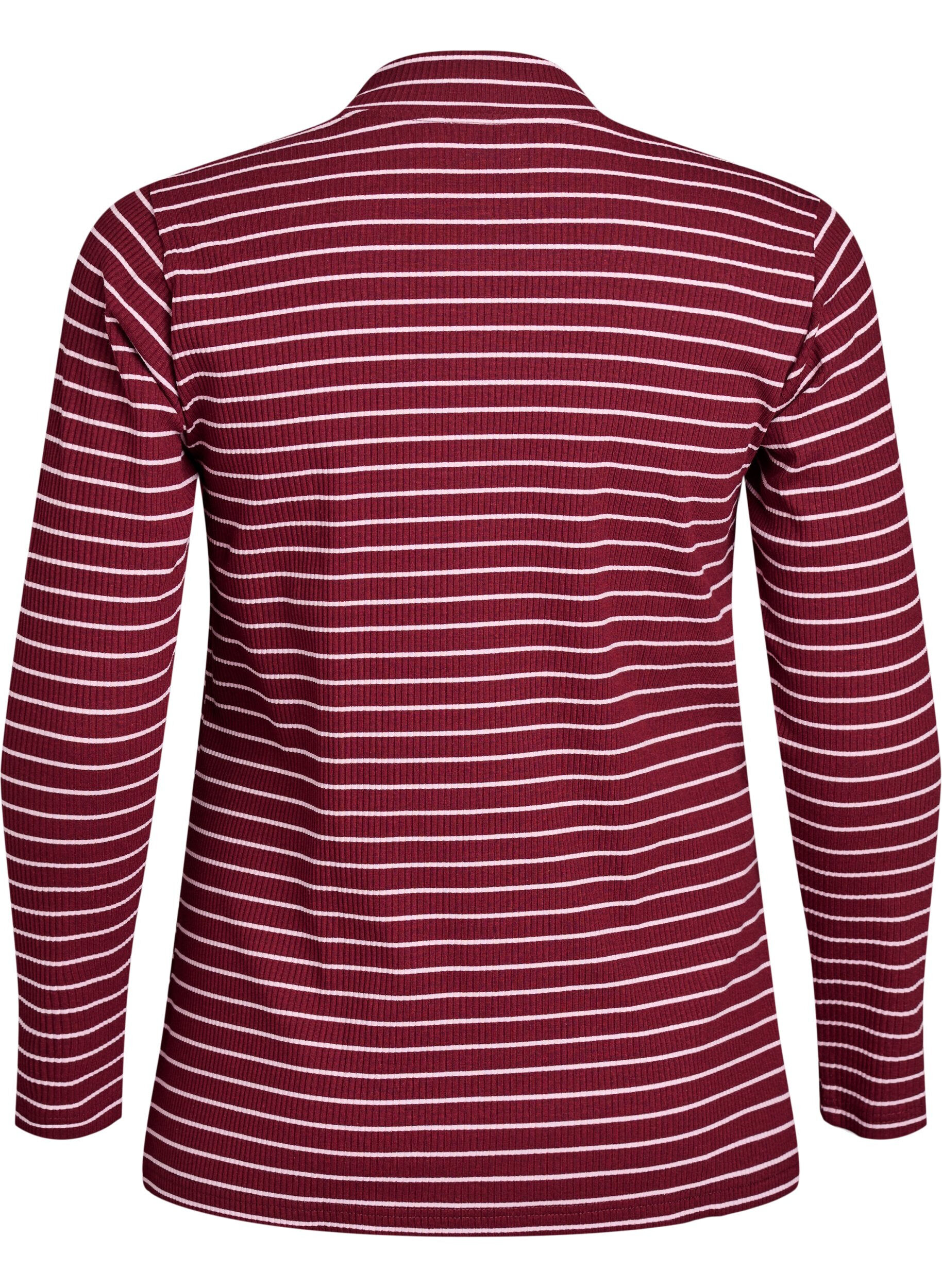 Zizzi Geribde gestreepte jersey blouse met een hoge hals, Donker Bordeaux, Packshot image number 1