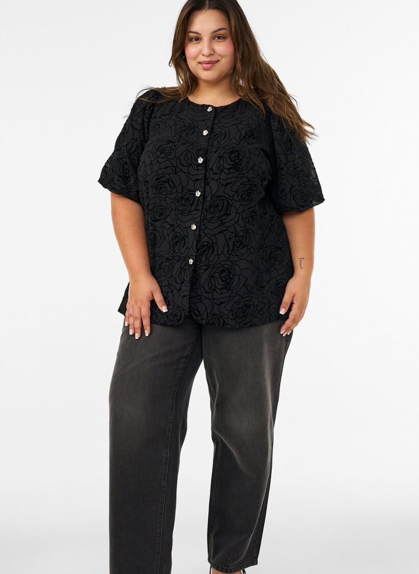 Blouse met bloemenpatroon en ballonmouwen, Zwart, Model image number 1