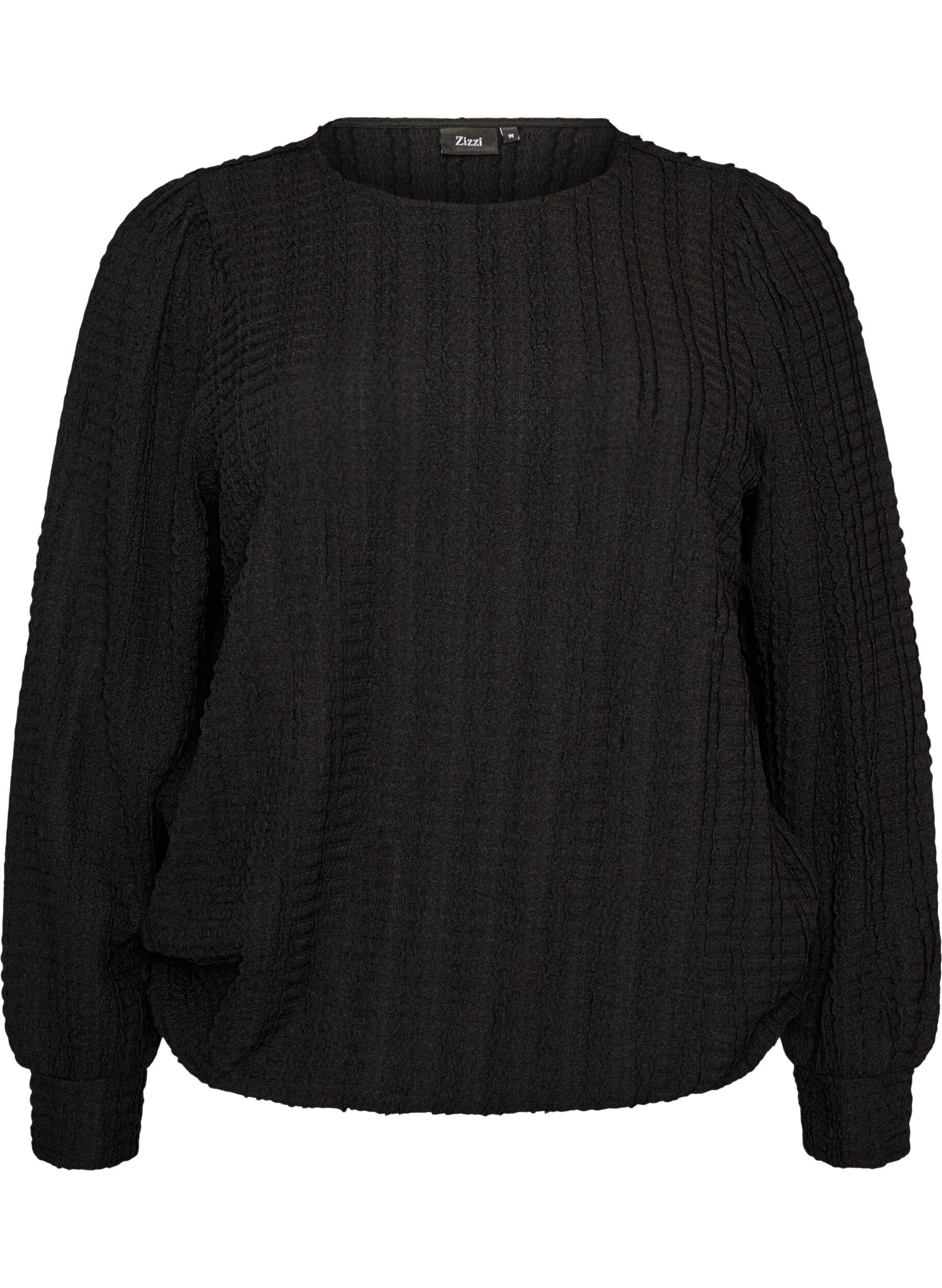 ZizziJersey blouse met structuur en ballonsilhouet, Zwart, Packshot image number 0