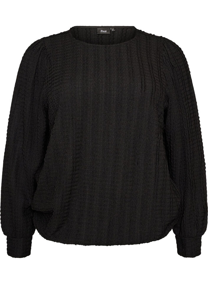 Jersey blouse met structuur en ballonsilhouet, Zwart, Packshot image number 0