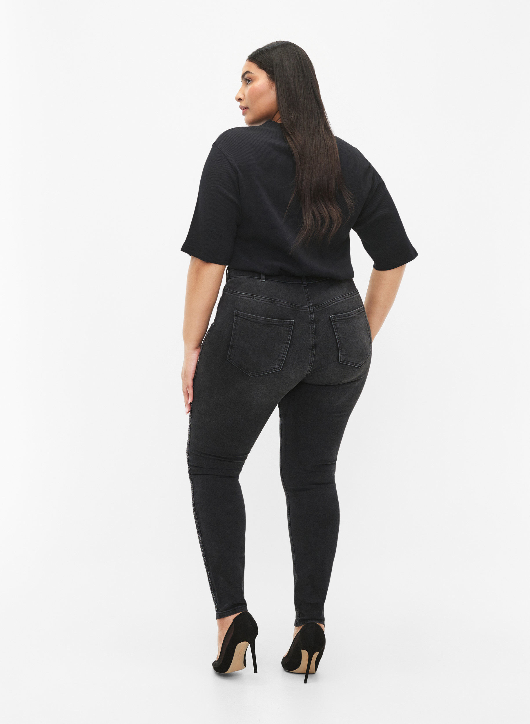 Zizzi  Amy jeans met hoge taille en strassteentjes, Grey Denim, Model image number 1