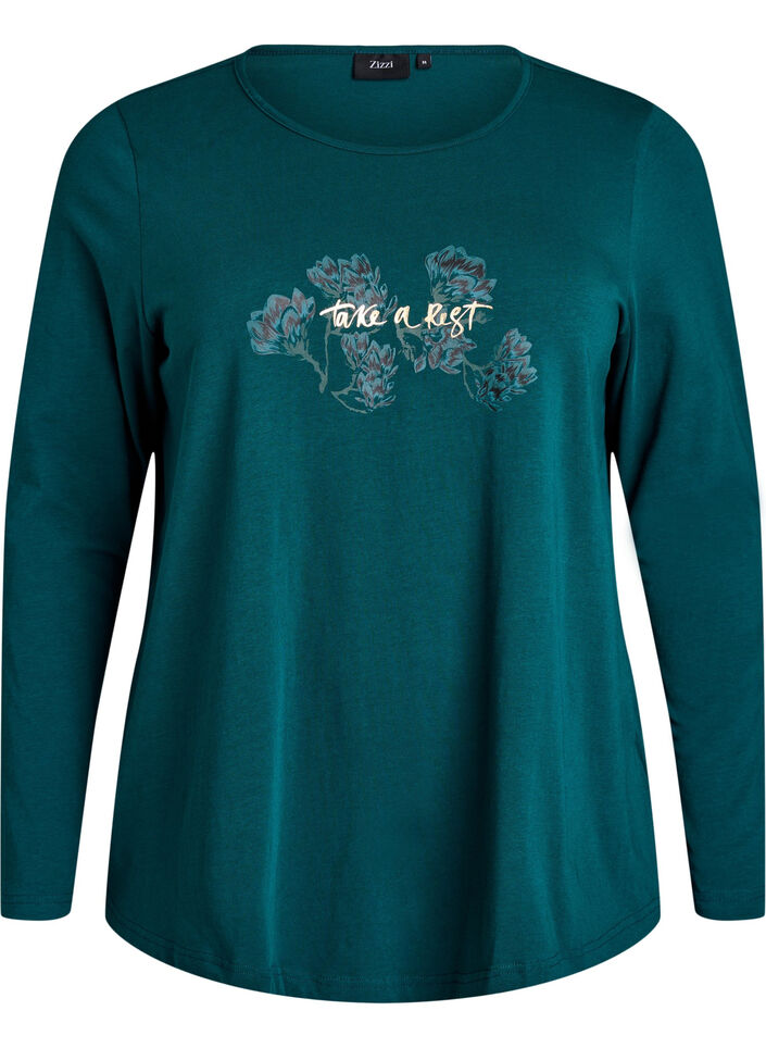 Nacht top in katoen met print aan de voorkant, Turquoise, Packshot image number 0