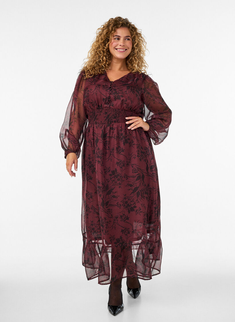 Maxi-jurk met bloemenprint en smokwerk, Donker Bordeaux, Model image number 0