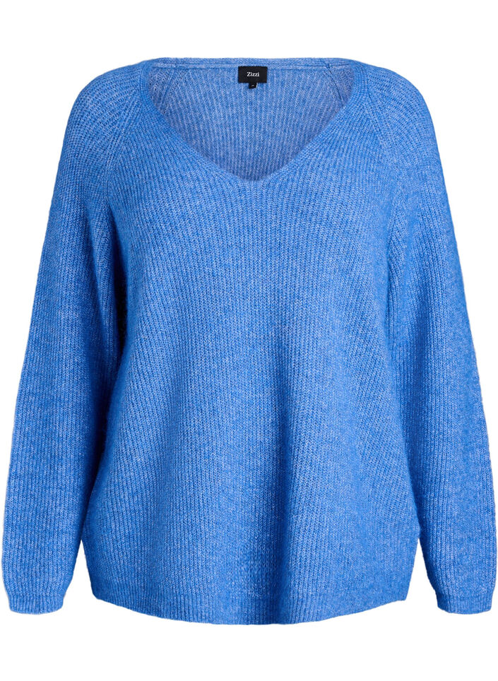 Gebreide blouse met V-hals en raglanmouwen, Blauw, Packshot image number 0