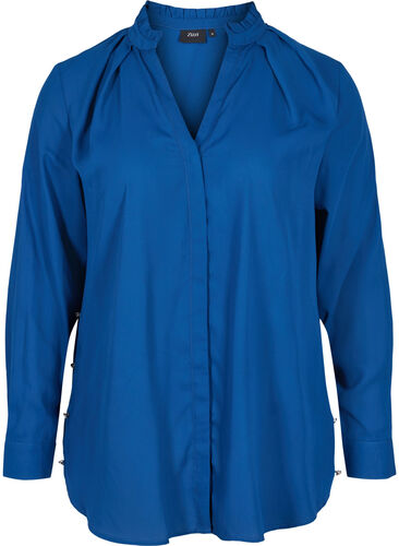 Overhemd met lange mouwen en rucheskraag, Estate Blue, Packshot image number 0