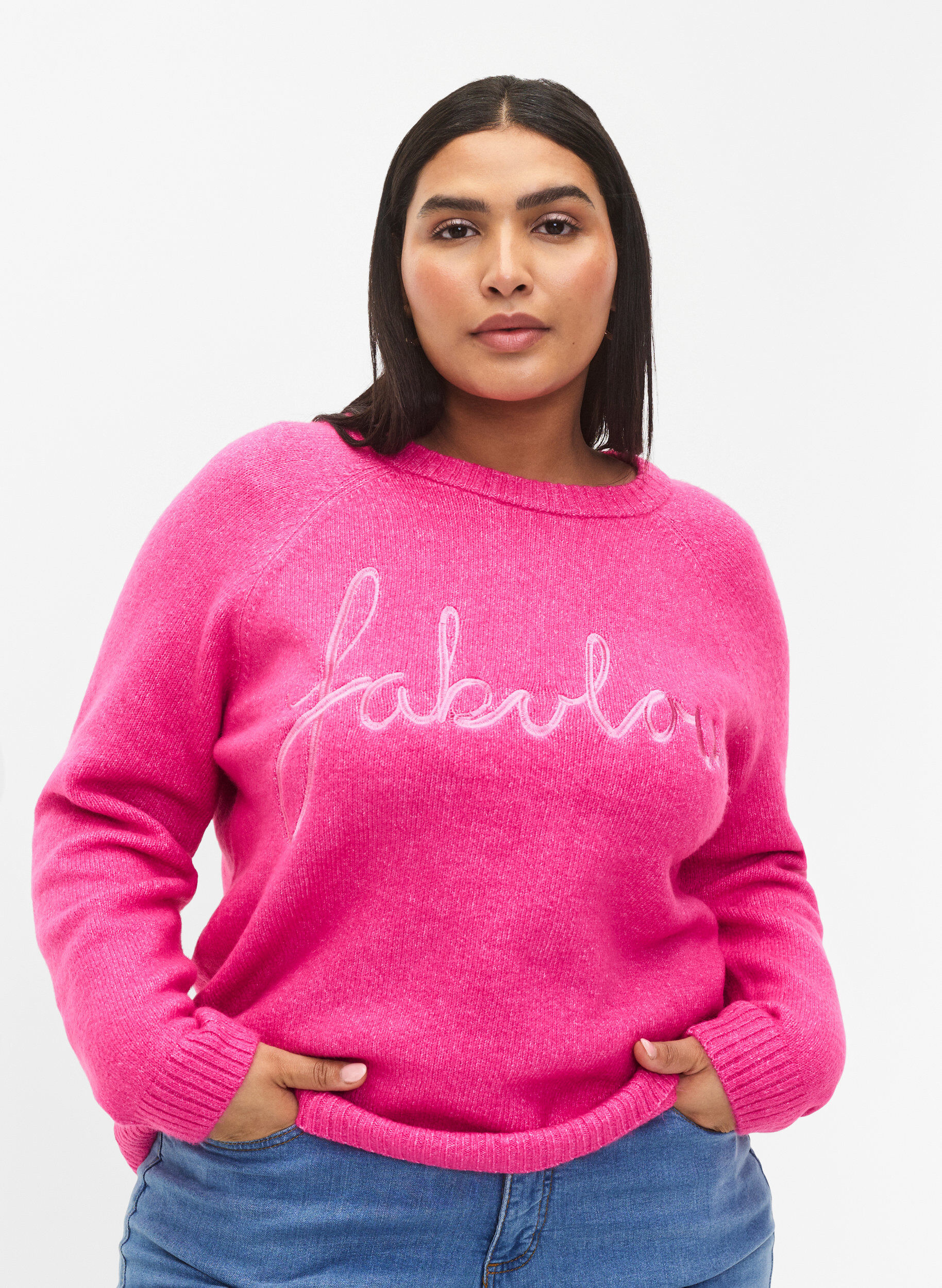Zizzi Gebreide blouse met geborduurde tekst, Raspberry Rose, Model image number 0