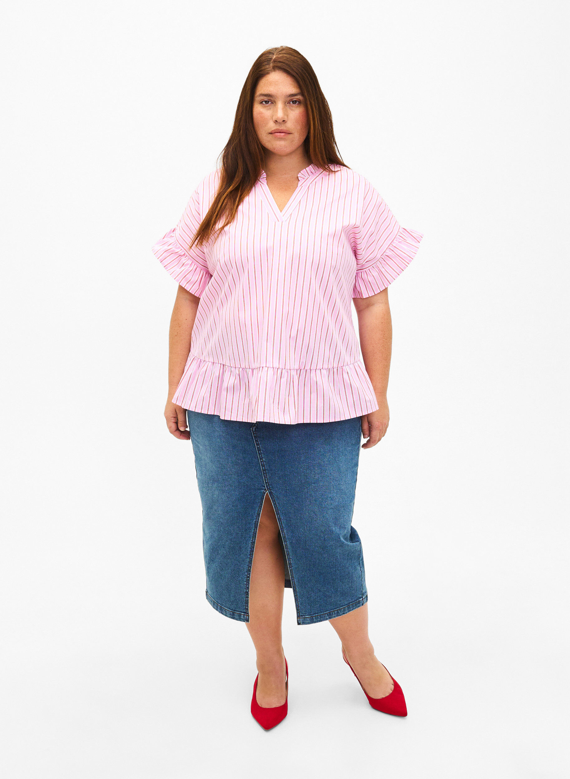 Zizzi Gestreepte blouse met peplum en ruches, Pink Red Stripe, Model image number 2
