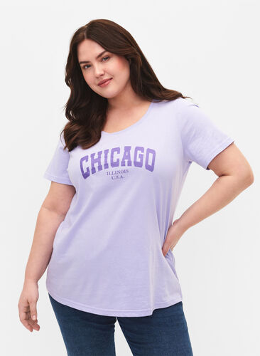 Katoenen t-shirt met tekstopdruk, Lavender W. Chicago, Model image number 0
