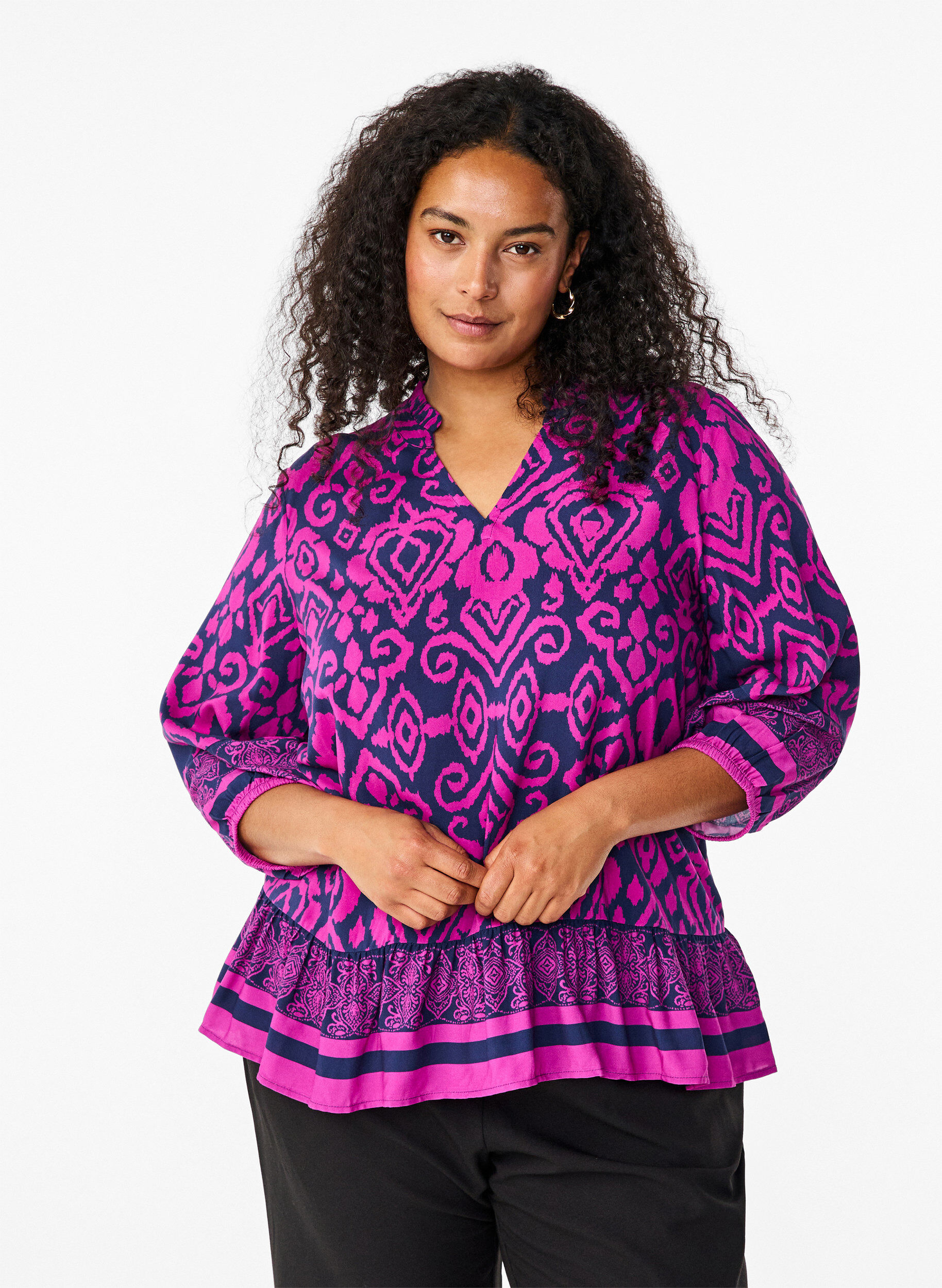 Zizzi Blouse met print en 3/4 mouwen, Blauw, Model image number 0